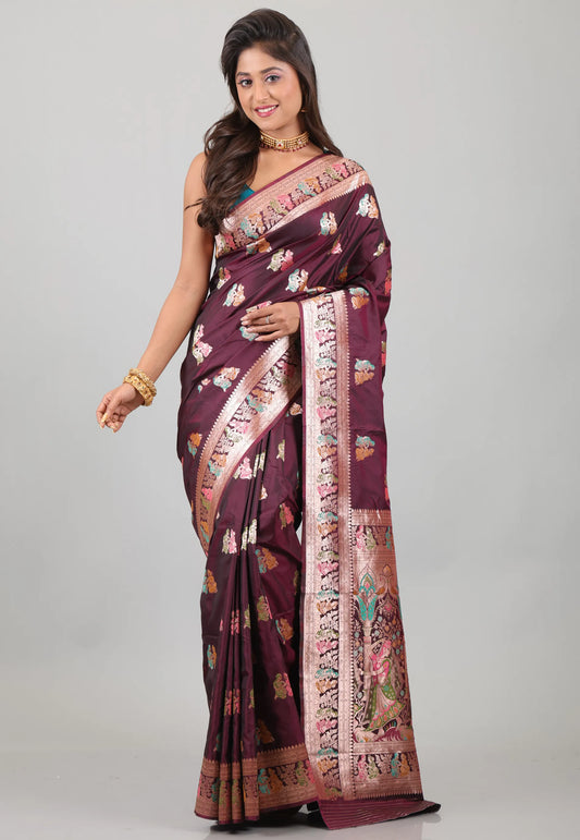 Maroon with Zari work Baluchari Silk Saree with Blouse Piece - Adi Akshoy & Co.