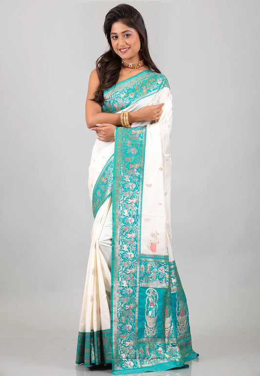 White with Sky Blue Baluchari Silk Saree with Blouse Piece - Adi Akshoy & Co.
