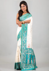 White with Sky Blue Baluchari Silk Saree with Blouse Piece - Adi Akshoy & Co.