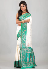 White with Green Border Baluchari Silk Saree with Blouse Piece – Adi Akshoy & Co.