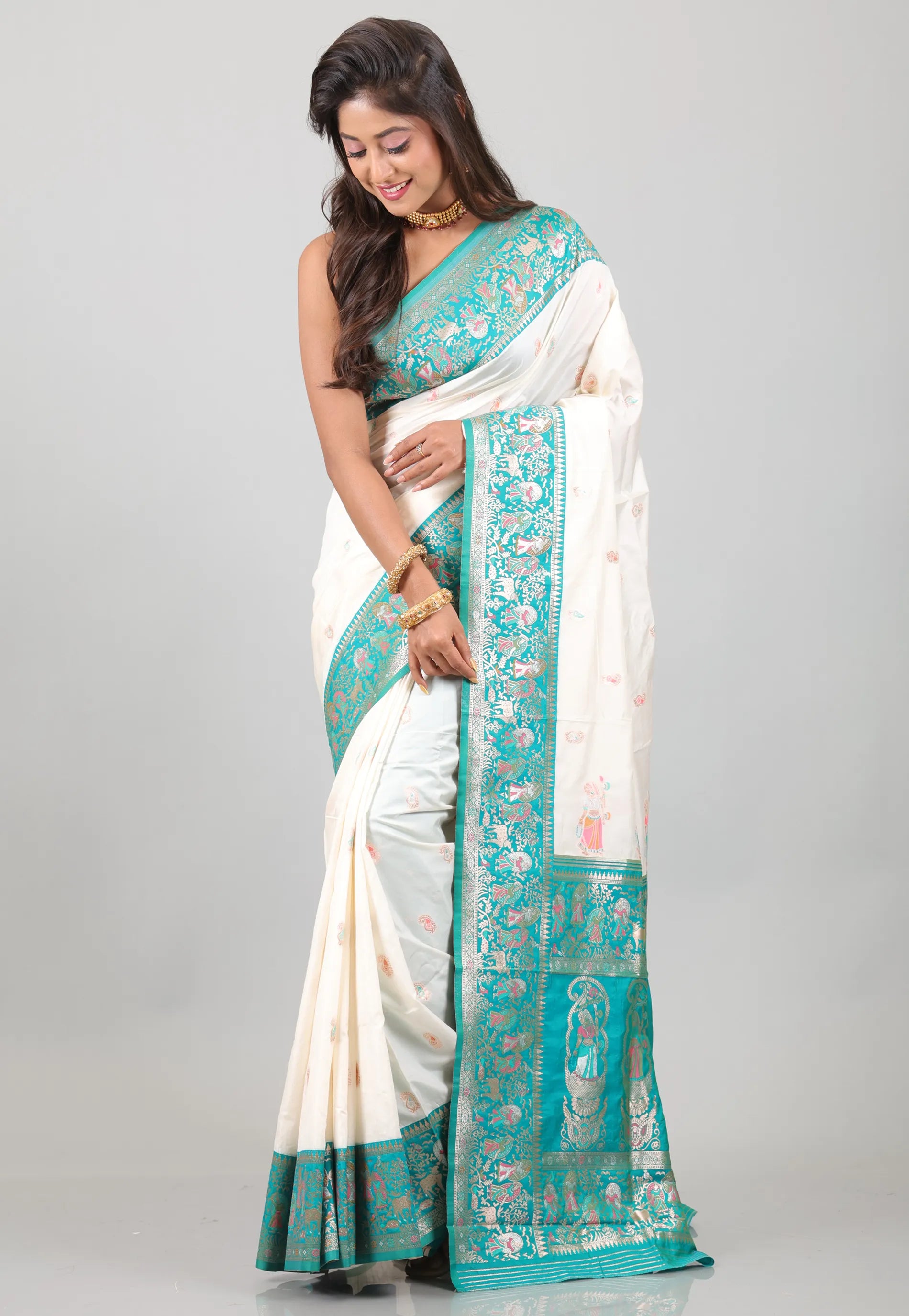 White with Sky Blue Baluchari Silk Saree with Blouse Piece - Adi Akshoy & Co.