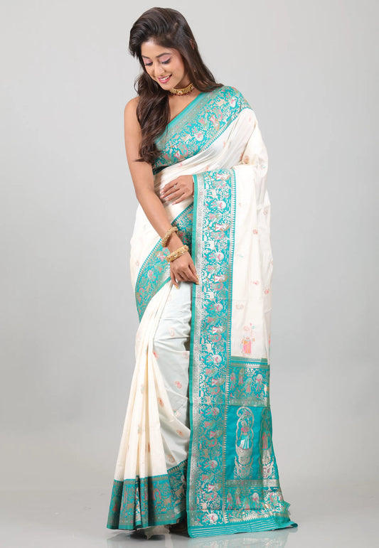 White with Sky Blue Baluchari Silk Saree with Blouse Piece - Adi Akshoy & Co.
