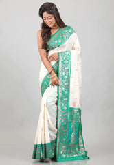 White with Green Border Baluchari Silk Saree with Blouse Piece – Adi Akshoy & Co.