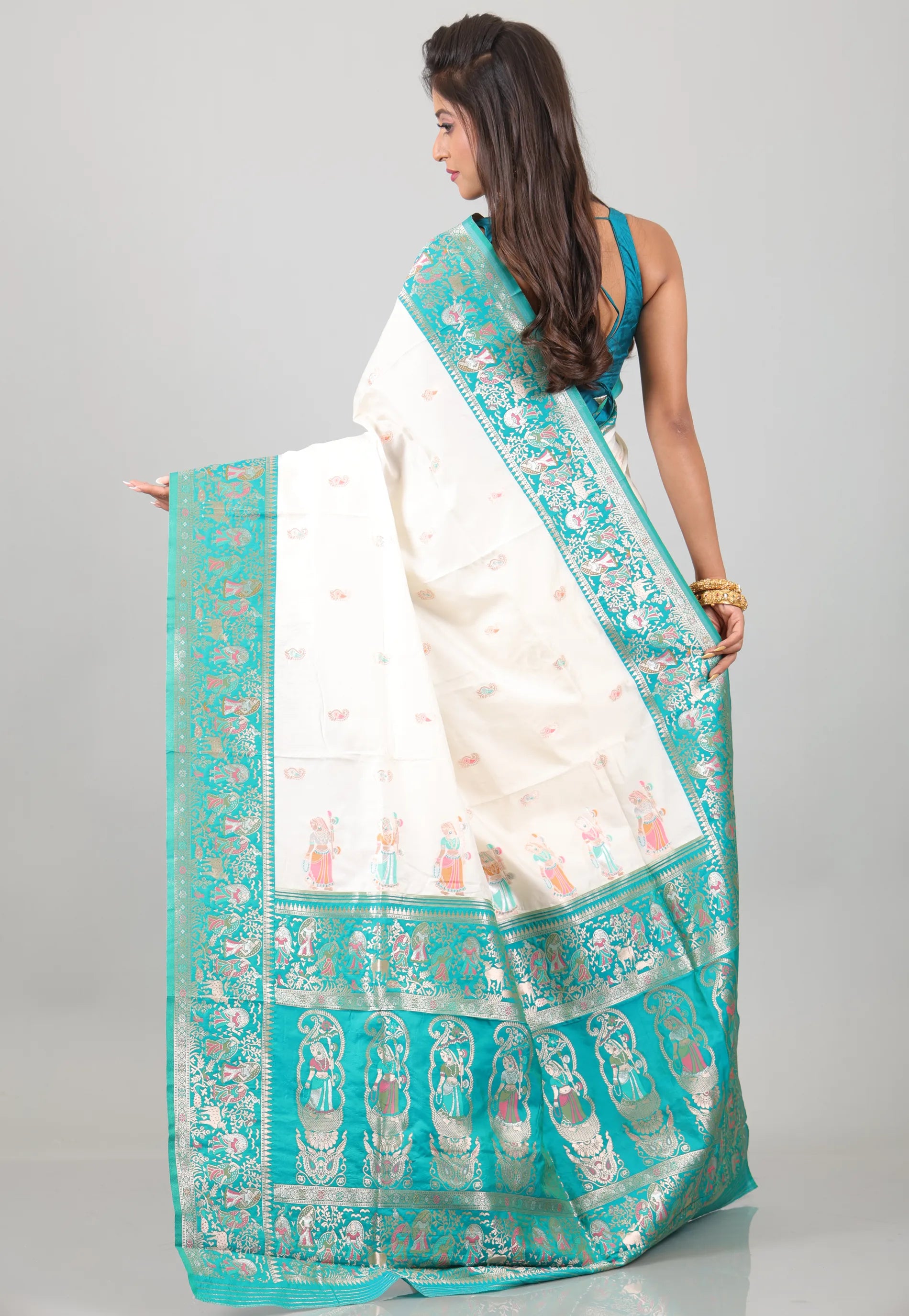 White with Sky Blue Baluchari Silk Saree with Blouse Piece - Adi Akshoy & Co.