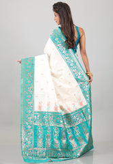 White with Sky Blue Baluchari Silk Saree with Blouse Piece - Adi Akshoy & Co.