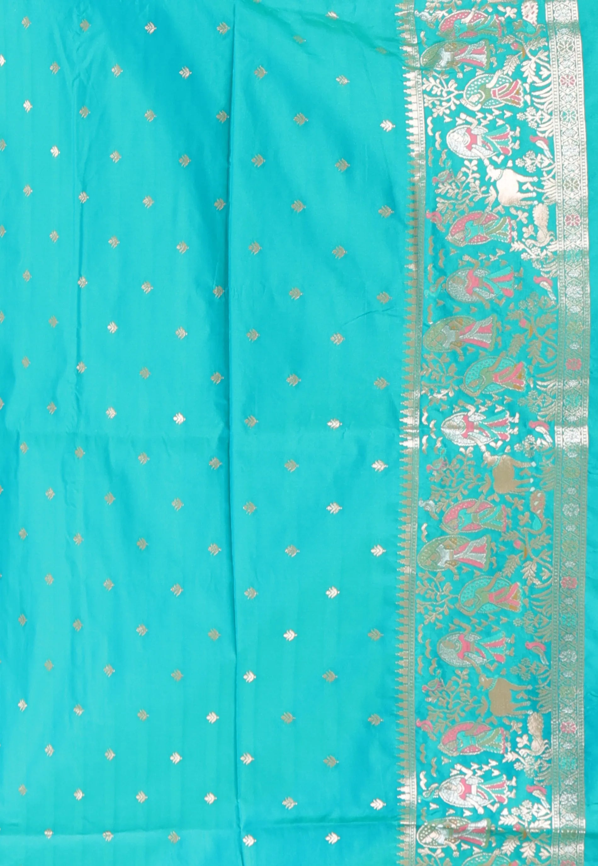 White with Sky Blue Baluchari Silk Saree with Blouse Piece - Adi Akshoy & Co.