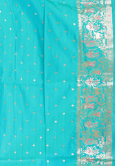 White with Sky Blue Baluchari Silk Saree with Blouse Piece - Adi Akshoy & Co.
