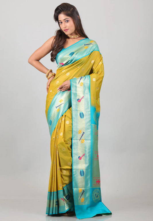 Olive Green Katan Silk Saree With Blouse Piece - Adi Akshoy & Co.