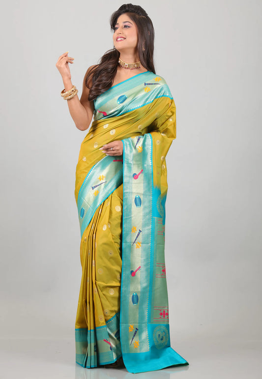 Olive Green Katan Silk Saree With Blouse Piece - Adi Akshoy & Co.