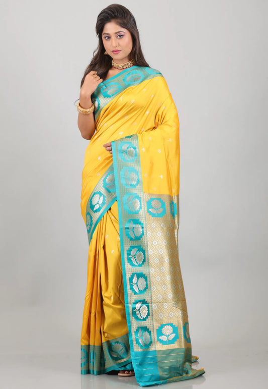 Yellow Mashru Silk Saree with Blouse Piece - Adi Akshoy & Co.