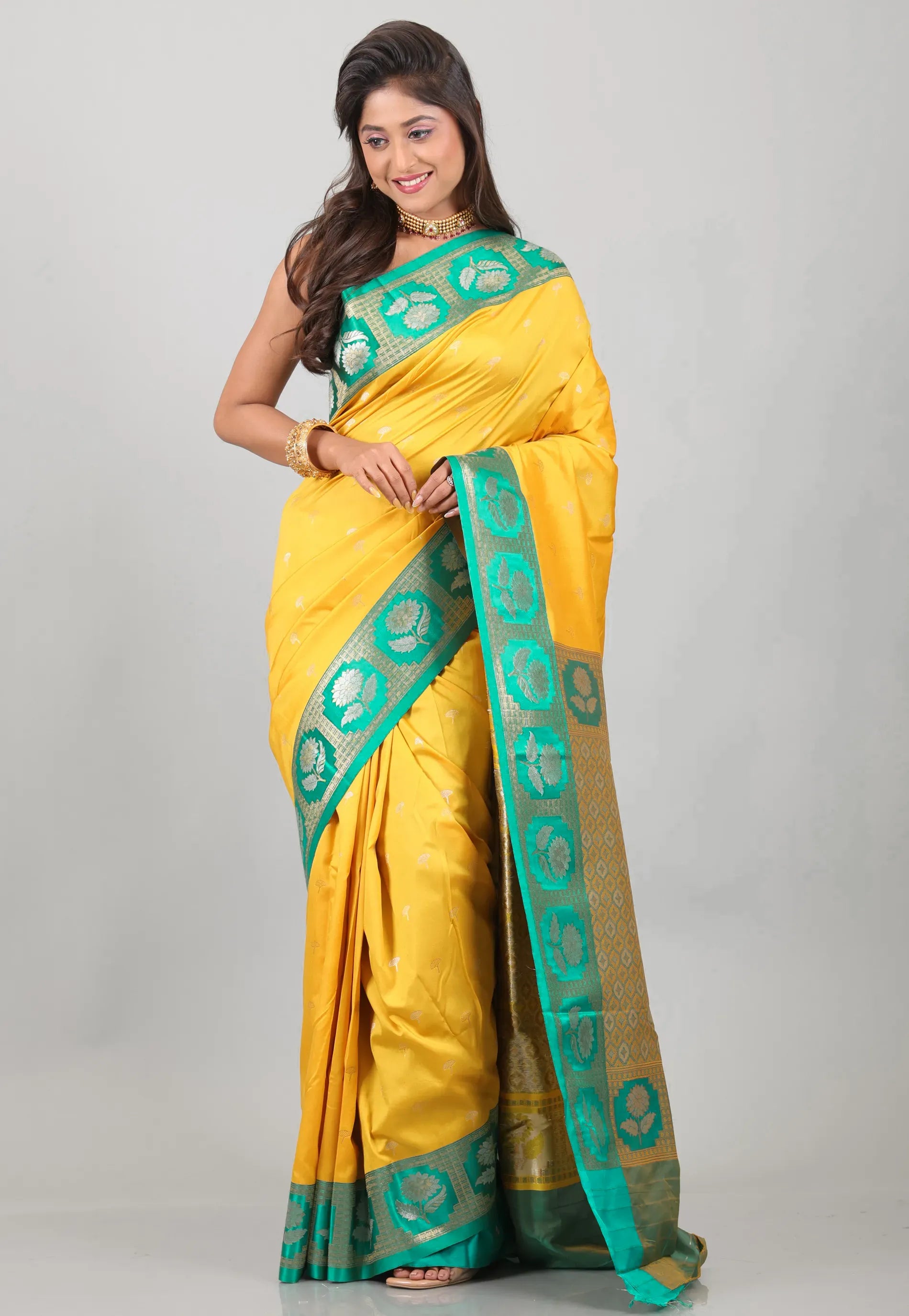 Yellow Mashru Silk Saree with Blouse Piece - Adi Akshoy & Co.