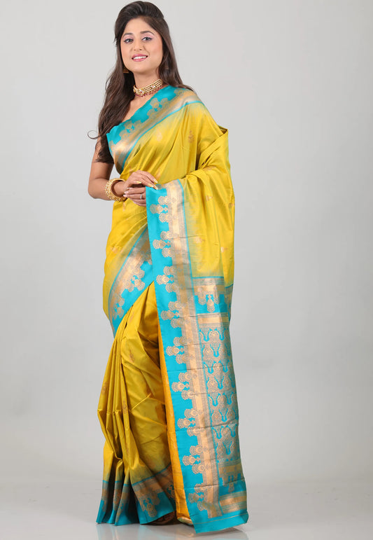 Yellow Kanjivaram Silk Saree With Blouse Piece - Adi Akshoy & Co.