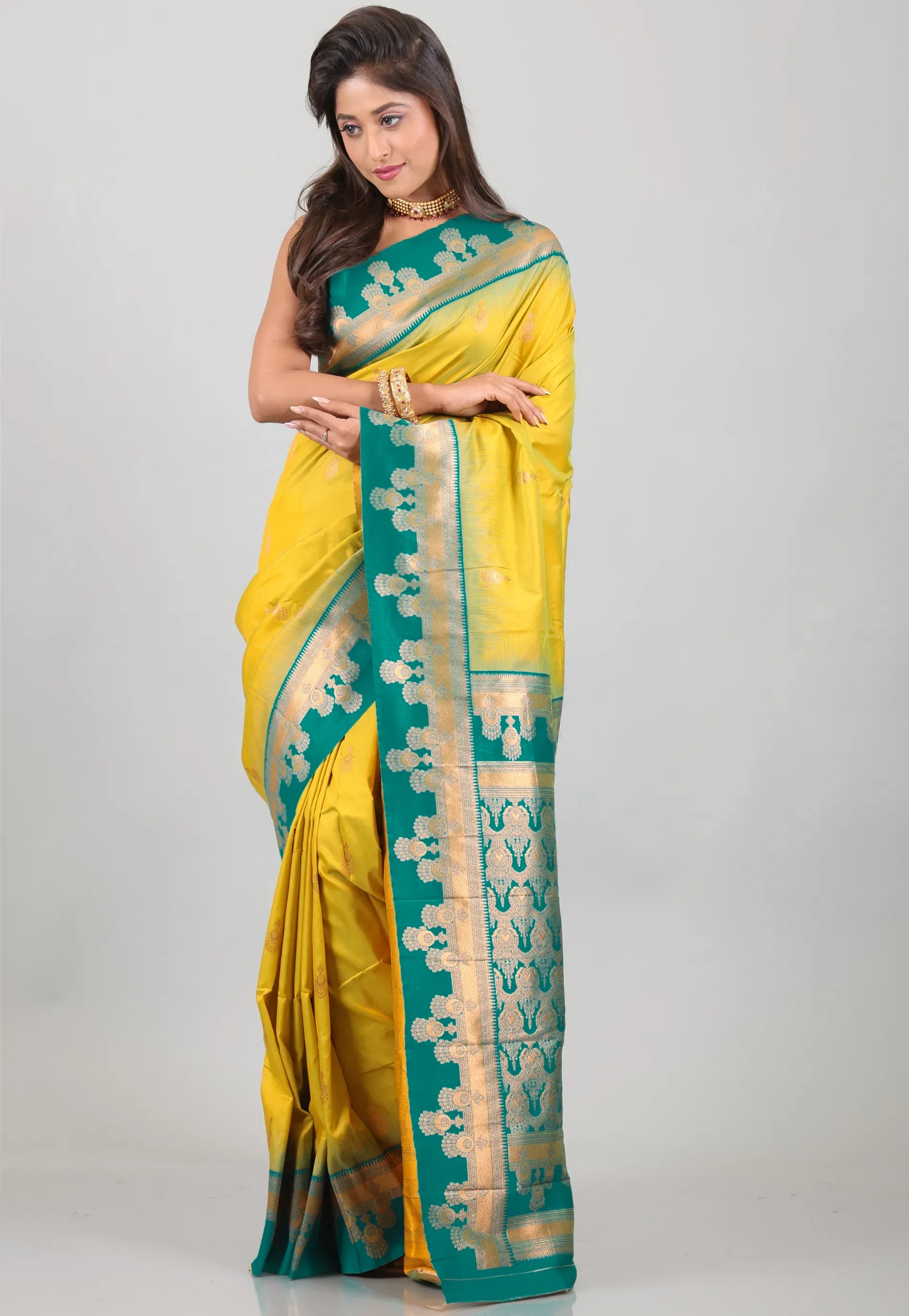 Yellow with Ramma Green Border Kanjivaram Silk Saree With Blouse Piece - Adi Akshoy & Co.