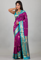 Purple with Zari work Katan Silk Saree With Blouse Piece - Adi Akshoy & Co.