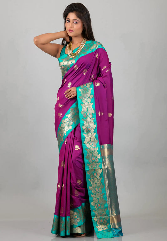 Purple with Ramma Green Border with Zari work Katan Silk Saree With Blouse Piece - Adi Akshoy & Co.