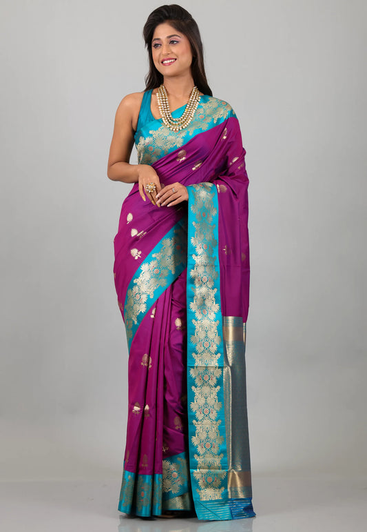 Purple with Zari work Katan Silk Saree With Blouse Piece - Adi Akshoy & Co.