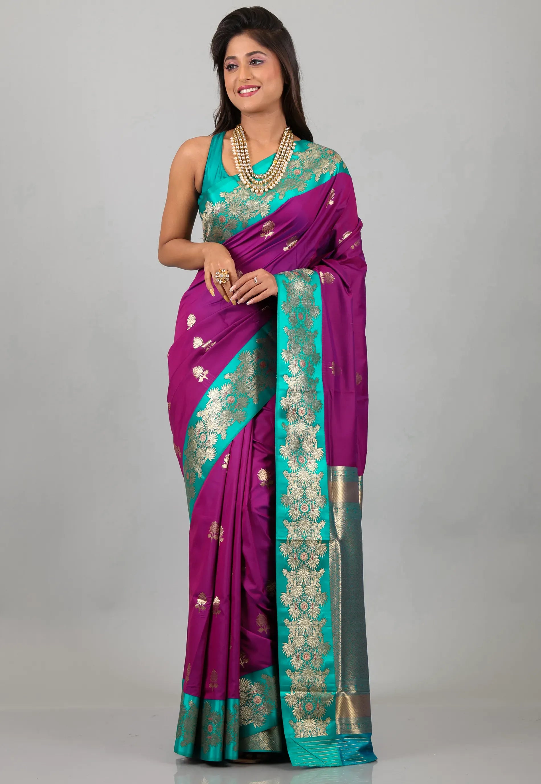 Purple with Ramma Green Border with Zari work Katan Silk Saree With Blouse Piece - Adi Akshoy & Co.
