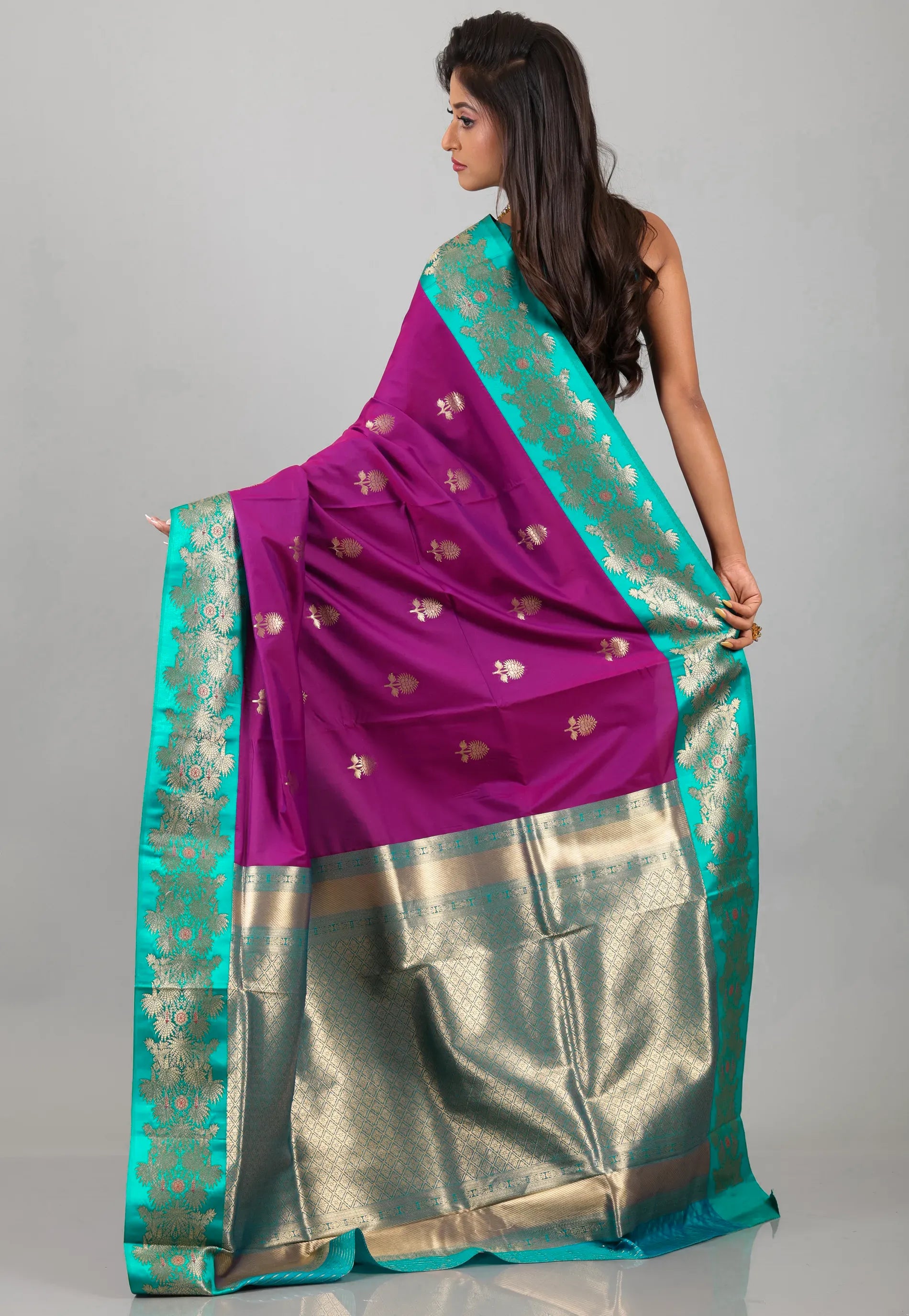 Purple with Ramma Green Border with Zari work Katan Silk Saree With Blouse Piece - Adi Akshoy & Co.