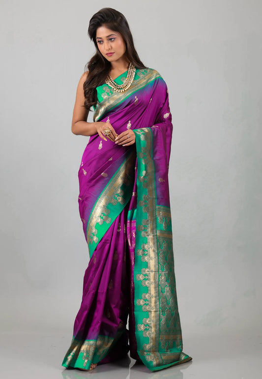 Purple with Ramma Green Border Kanjivaram Silk Saree With Blouse Piece - Adi Akshoy & Co.