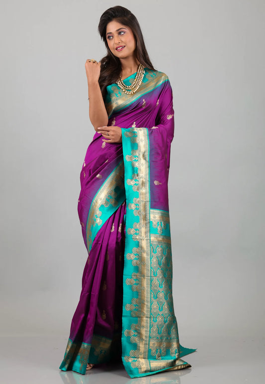 Purple Kanjivaram Silk Saree With Blouse Piece - Adi Akshoy & Co.