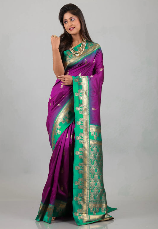 Purple with Ramma Green Border Kanjivaram Silk Saree With Blouse Piece - Adi Akshoy & Co.