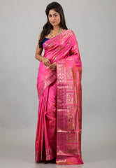 Rani Pink with Zari work Pure Baluchari Silk Saree with Blouse Piece - Adi Akshoy & Co.