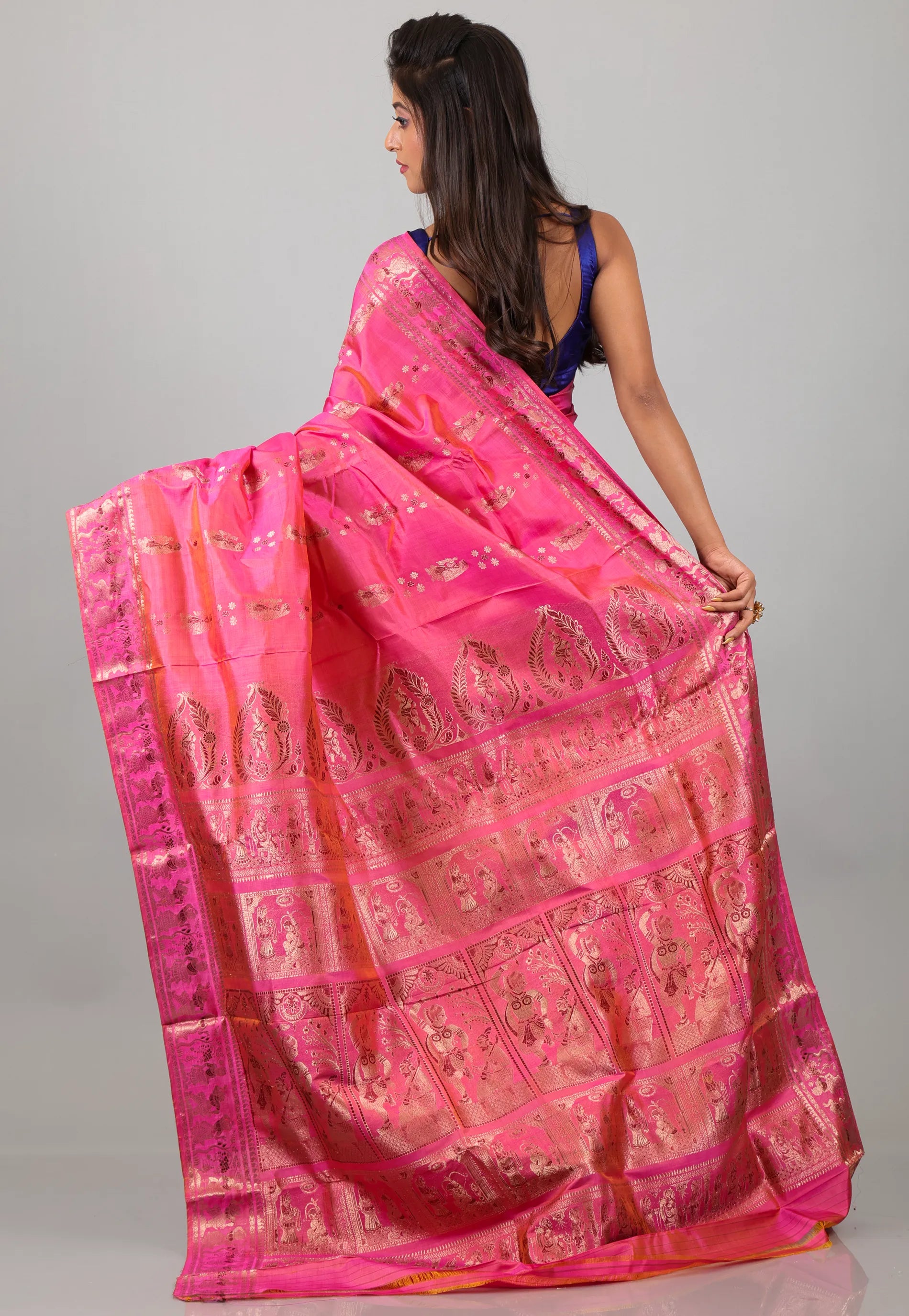 Rani Pink with Zari work Pure Baluchari Silk Saree with Blouse Piece - Adi Akshoy & Co.