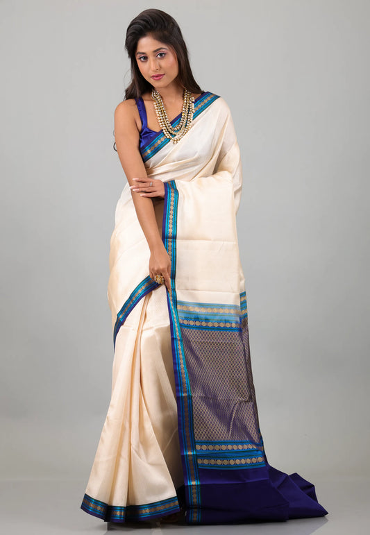 Off White with Blue Pure Kanjivaram Silk Saree With Blouse Piece - Adi Akshoy & Co.