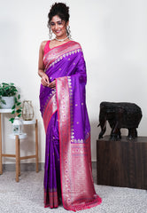 Purple with Rani Pink Border Mashru Silk Saree with Blouse Piece