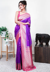 Purple with Rani Pink Border Mashru Silk Saree with Blouse Piece