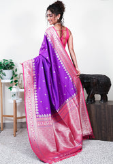 Purple with Rani Pink Border Mashru Silk Saree with Blouse Piece