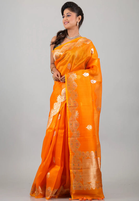 Mustard Yellow Pure Kora Silk Saree With Blouse Piece - Adi Akshoy & Co.