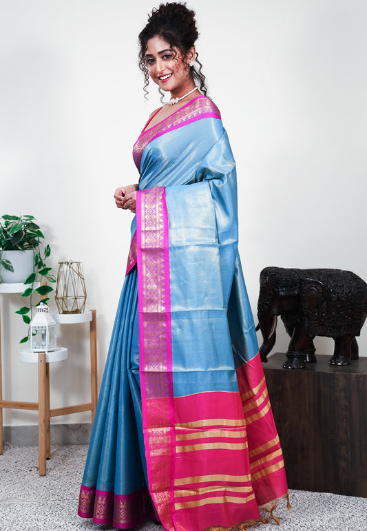 Feroza Blue with Rani Pink Border  Tissue Silk Saree with Blouse Piece