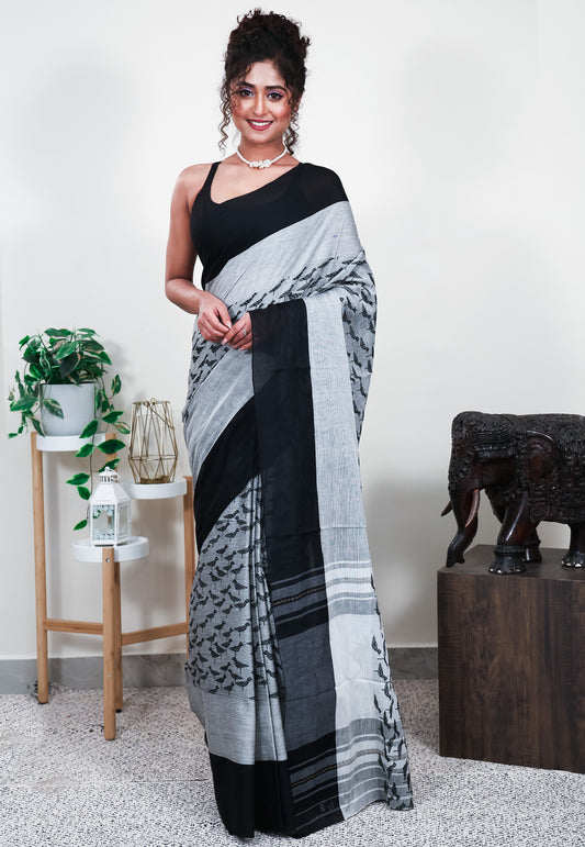 Grey Handloom Saree Without Blouse Piece