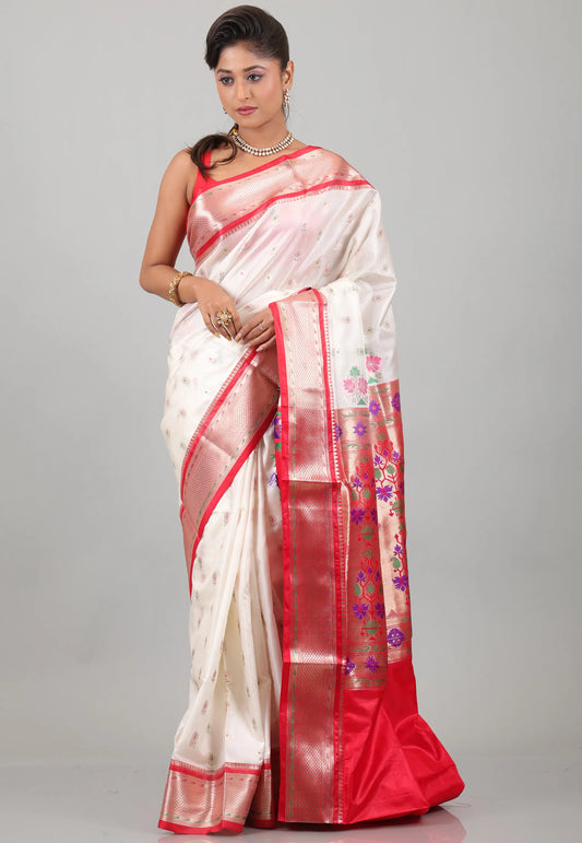 Off White with Red Border Katan Silk Saree With Blouse Piece - Adi Akshoy & Co.