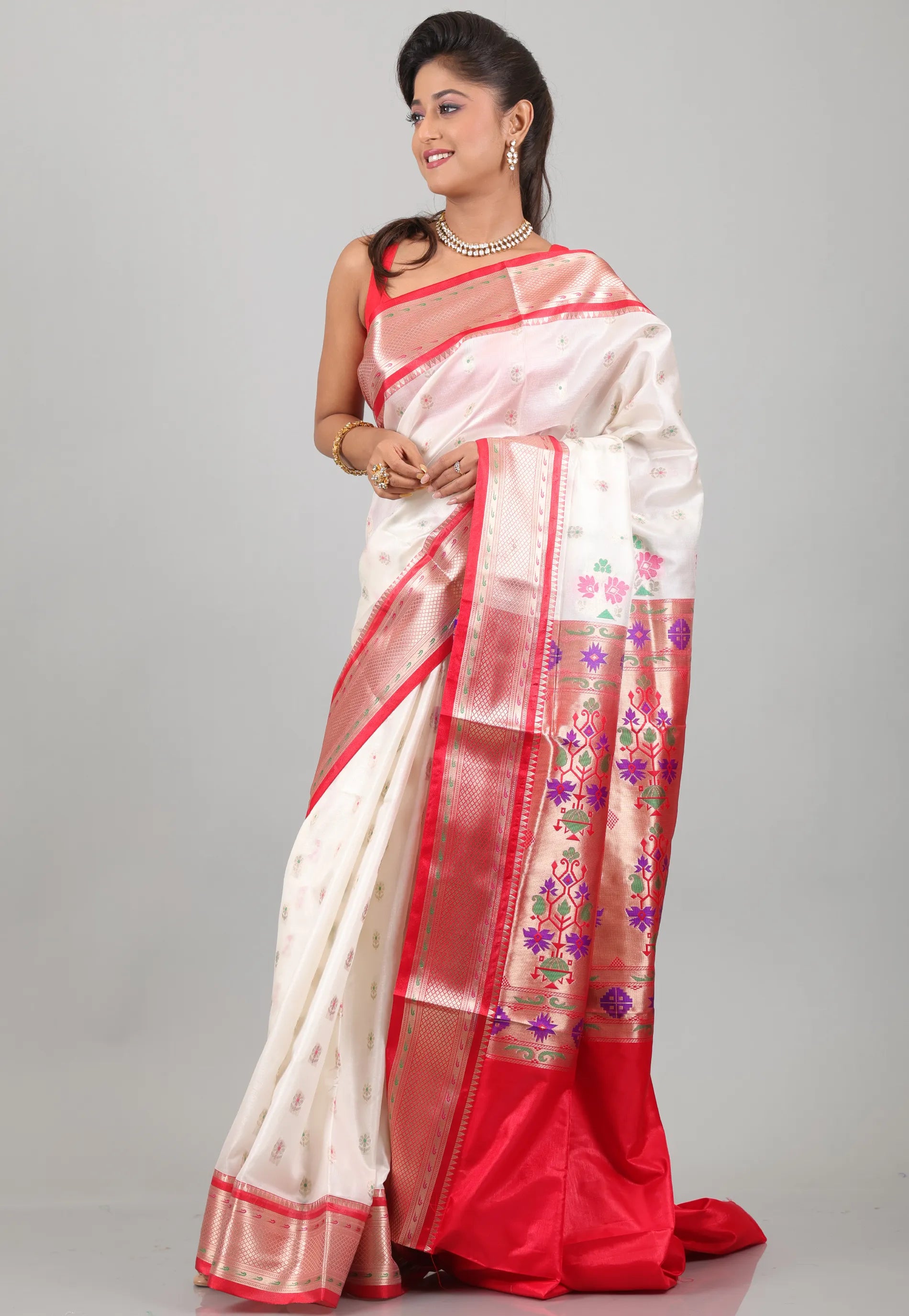 Off White with Red Border Katan Silk Saree With Blouse Piece - Adi Akshoy & Co.