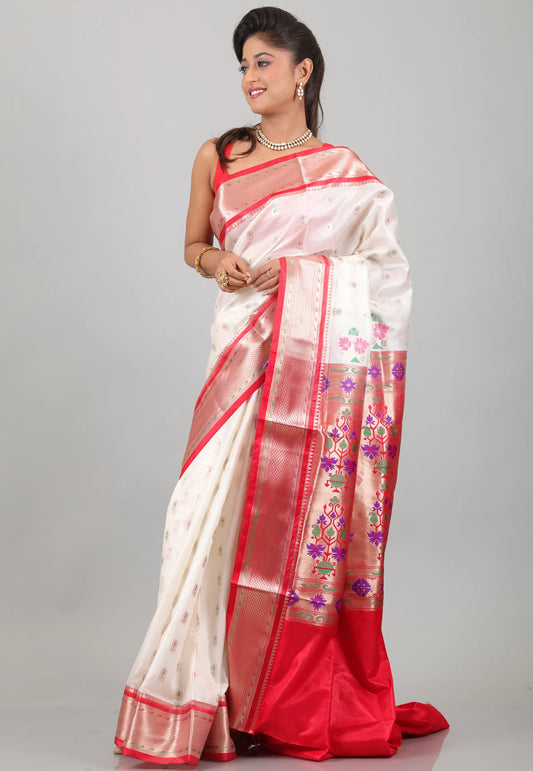 Off White with Red Border Katan Silk Saree With Blouse Piece - Adi Akshoy & Co.