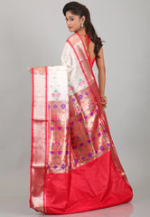 Off White with Red Border Katan Silk Saree With Blouse Piece - Adi Akshoy & Co.