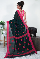 Dark Bottle Green Handloom Saree With Blouse Piece