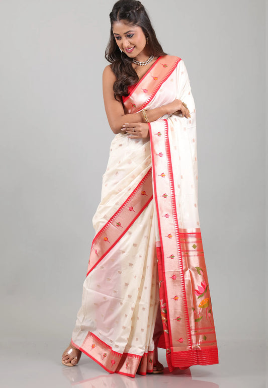 Off White with Red Border Katan Silk Saree With Blouse Piece - Adi Akshoy & Co.