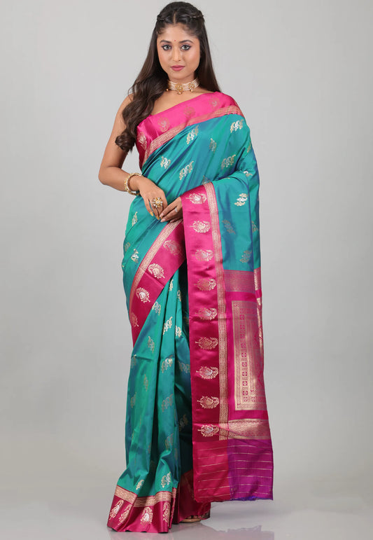 Rama Green with Rani Border Mashru Silk Saree with Blouse Piece - Adi Akshoy & Co.