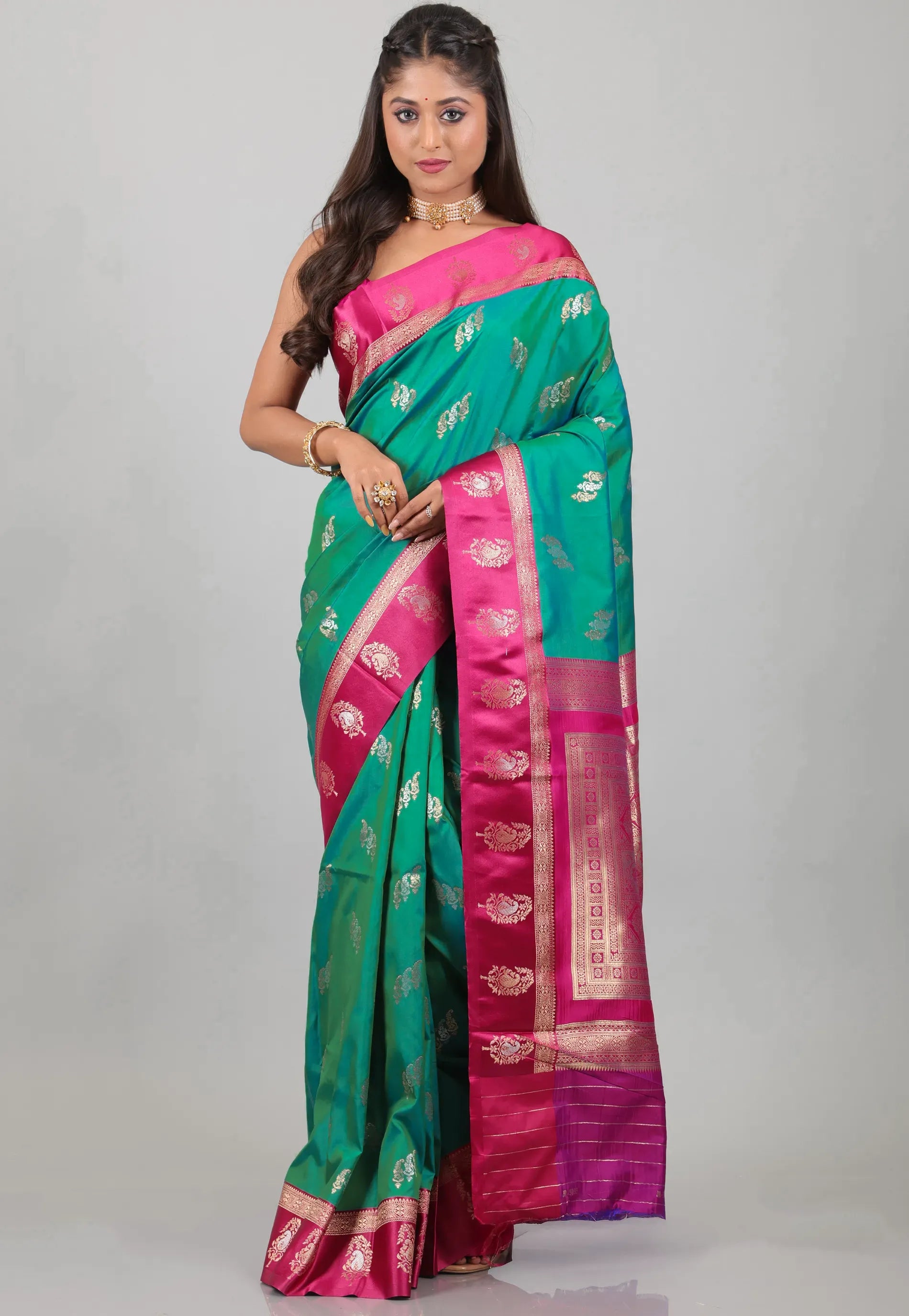 Rama Green with Rani Border Mashru Silk Saree with Blouse Piece - Adi Akshoy & Co.