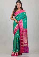 Rama Green with Rani Border Mashru Silk Saree with Blouse Piece - Adi Akshoy & Co.