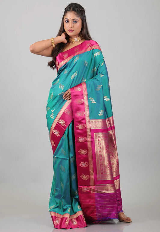 Rama Green with Rani Border Mashru Silk Saree with Blouse Piece - Adi Akshoy & Co.