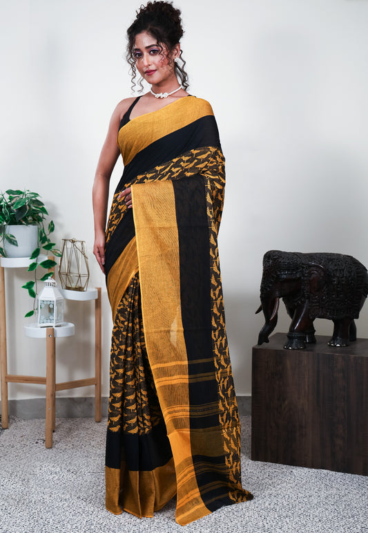 Mustard Handloom Saree Without Blouse Piece