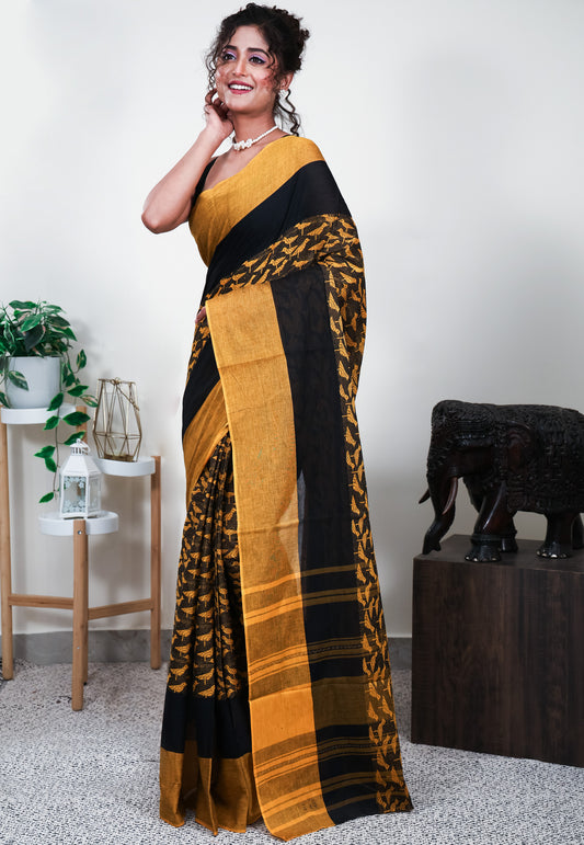 Mustard Handloom Saree Without Blouse Piece