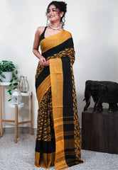 Mustard Handloom Saree Without Blouse Piece