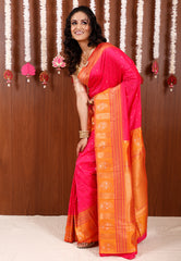 Rani Pink with Orange Border Kanjivaram Silk Saree With Blouse Piece