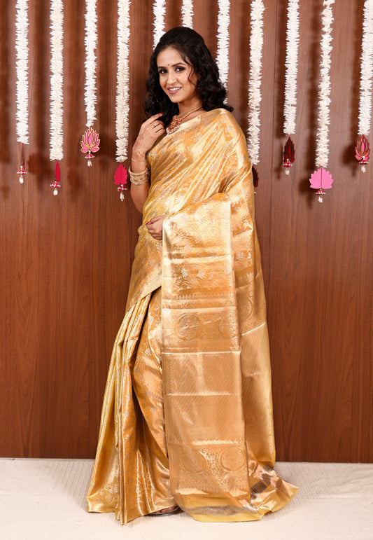 Golden Brocade Tissue Kanjivaram Pure Silk Saree With Blouse Piece