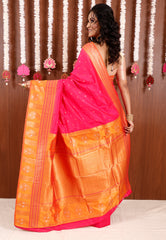 Rani Pink with Orange Border Kanjivaram Silk Saree With Blouse Piece